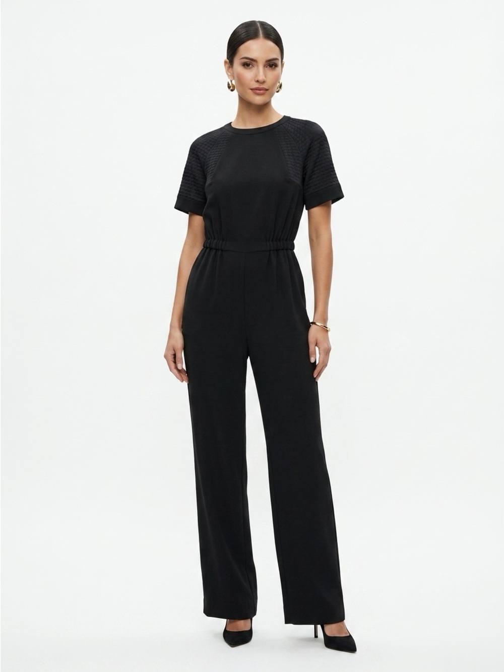 Cartonnier Quilted Sleeve Keyhole Back Elastic Waist Polyester Jumpsuit Black S